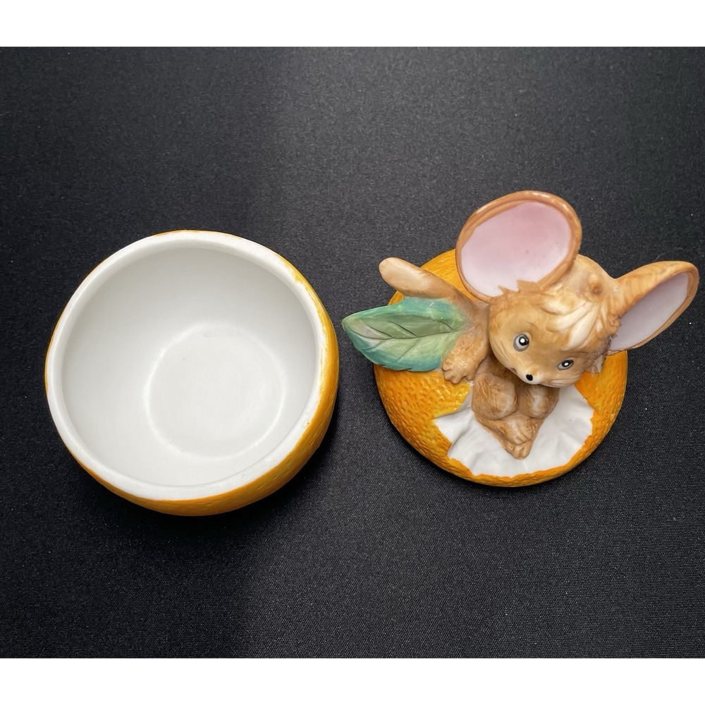 Vintage 1970s Lefton Ceramic Mouse Trinket Box Shaped like Orange. Mint! - Picture 2 of 8